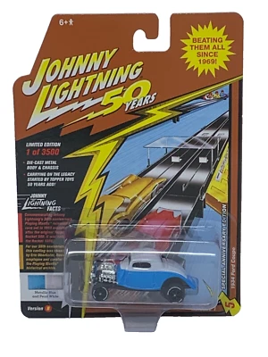 Ford cupé Johnny Lightning Classic Gold 1934 1/64 en azul metálico y blanco perla Foto 1 de 2