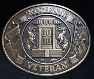 VTG Korean War Veteran Belt Buckle Dragons Flags USA Patriotic Cold War Temple - Picture 1 of 5