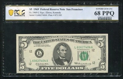 FR. 1969-L 1969 $5 FRN SAN FRANCISCO, CA PCGS BANKNOTE SUPERB GEM UNC-68PPQ - Image 1 of 2
