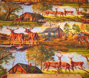 Quilt Fabric 1 2/3 Yard Wilderness Cabins Wild Deer Trees Premium Cotton Vtg C - Picture 1 of 2