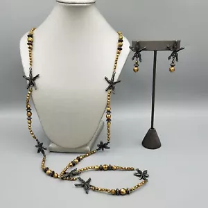 Collar con cuentas estrella de mar peltre fundido en arena firmado por Kate Hines 40" y pendientes de poste - Imagen 1 de 12