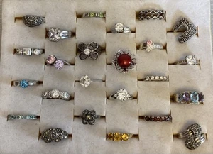 LOTTO 24 anelli vintage TUTTI argento sterling 925 pietre preziose marcasite Judith Ripka zirconi - Foto 1 di 24