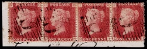 1864 GB Used in BRITISH LEVANT Scarce Strip of 4 1d Red SG 43 Pl 121 OG-OJ FU - Picture 1 of 1