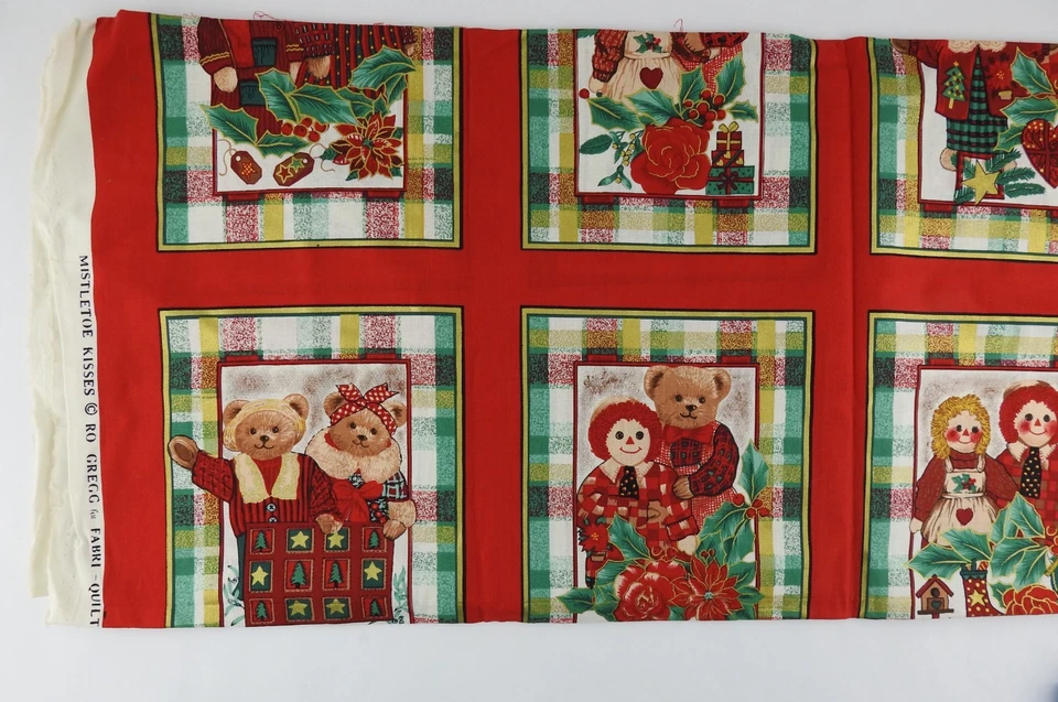 Vintage Christmas Fabric Mistletoe Kisses Teddy Bears Rag Dolls Plaid Quilt Pane - Image 1 of 4