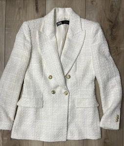 Zara Double Breasted Textured Weave Blazer Jacket Gold Buttons Oyster Size S - Picture 1 of 8