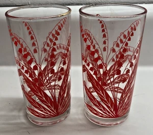 VINTAGE LILY OF THE VALLEY RED CLEAR GLASS TUMBERS 8 OUNCE SET OF 2 MCM - Picture 1 of 10