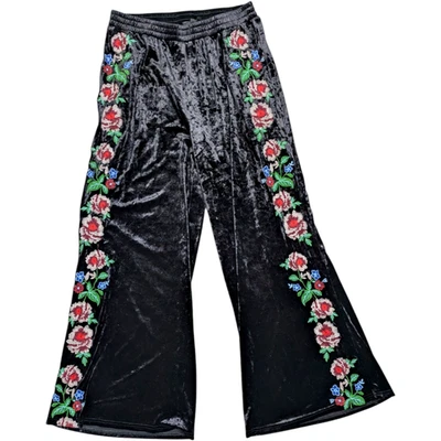 Pantalones Andree by Unit Medianos Terciopelo Aplastado Floral Bordado Acampanado Pierna Ancha Foto 1 de 4