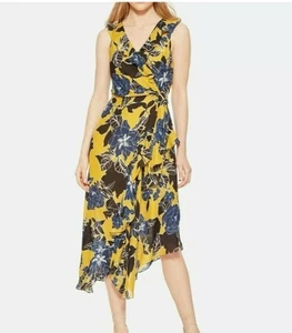 PARKER LOREENA Sleeveless Wrap Front Midi Dress Size 8 CANARY GIANNA Silk Blend - Picture 1 of 10