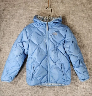 The North Face 550 Reversible Down Puffer Jacket Girls L Blue Plaid Hooded - Image 1 of 4