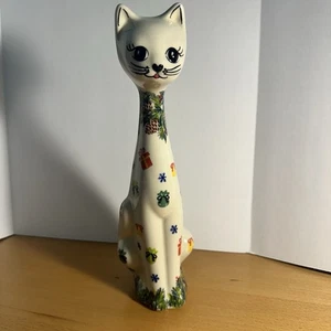 Original polnische Keramik Weihnachten Katze Figur UNIKAT Ornamente & Stechpalmen Beeren - Bild 1 von 9