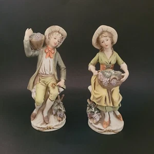 Pair Vintage Homco Figurines 1258 Man Woman with Grapes Bisque Porcelain 8" - Picture 1 of 12