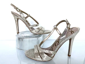 Sam Edelman Sandal Metallic Gold Alisandra 7.5 Stiletto Slingback cross Strappy - Picture 1 of 12