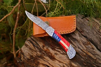 Pak Damascus Handmade Folding / Pocket Damascus Steel Knife With Leather Sheath - Image 1 of 4