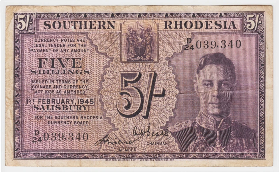 Southern Rhodesia 5 Shillings 1945 P8b King George Sig: Milne & Beadle VF - Image 1 of 4