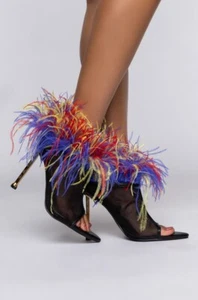 Azalea Wang Shake YOUR FEATHERS STILETTO BOOTIE MULTI Black Red Blue Yellow 6.5 - Picture 1 of 10