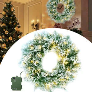24" Pre-Lit Christmas Wreath w/ LED Lights Artificial Snow Flocked Garland Decor - Picture 1 of 10