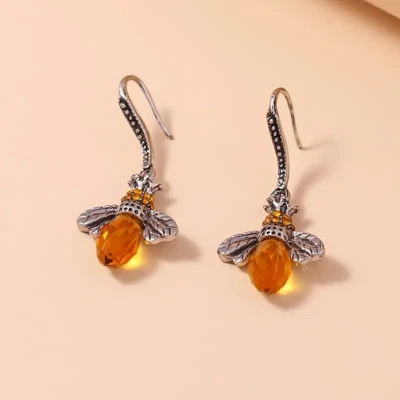 Water Drop Bee Shape Retro Fashion Silvery Charm Earrings Orange Gift Women Girl - Image 1 of 4