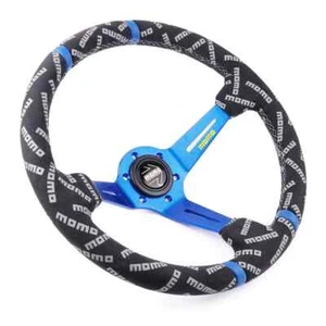 350mm MOMO ULTRA Blue Spoke Deep Dish Suede Leather Car Sport Steering Wheel - Picture 1 of 8