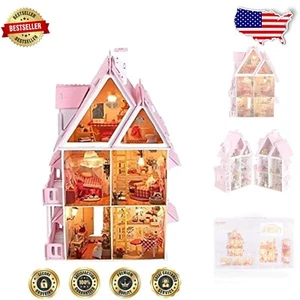Zweistöckiges 17 Zoll Miniatur Puppenhaus Kit mit Lichtern und Möbeln - Bastelspaß - Bild 1 von 9