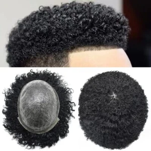 Afro Toupee For Black Men Kinky Curly All PU Human Hair Replacement System Wigs - Picture 1 of 11