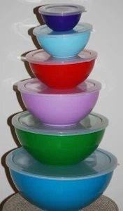 "Aqua 5.80qt" Gourmet Home 6pc Different Color Polypropylene Bowl Set w/Lids - Picture 1 of 6