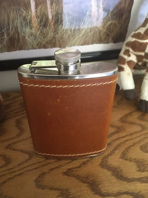 Vintage Stainless Steel Flask with Brown Leather Wrap – 6 oz - Image 1 of 4