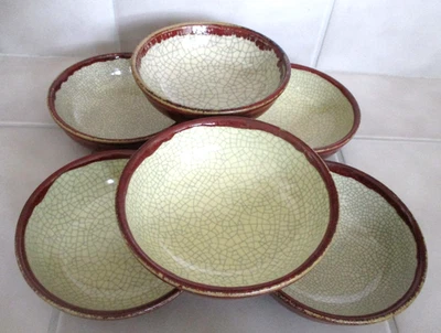 6 Pier 1 Crackle Collection 6 3/4" Cereal Bowls Beige/Rust Set of 6 - Image 1 of 4