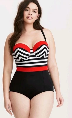 Torrid 黑色红色条纹拼色连体泳衣 3/4 — 第 1/4 张图片