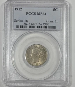 1912 Liberty/"V" Nickel CERTIFIED PCGS MS 64 5c - Picture 1 of 4