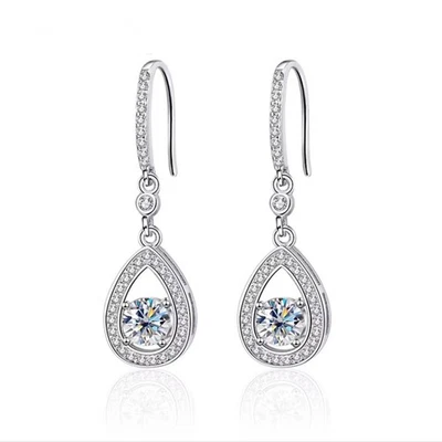 D Color Round  Moissanite Dangle Drop Earrings Women 18k White Gold Plated W/GRA - Image 1 of 4