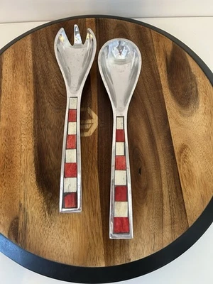 Mikasa Aluminum Carnival Holiday Server Salad Set Red And White Striped Inlay - Image 1 of 4