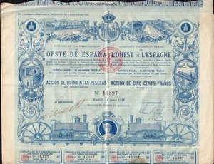 SPAIN RAILWAY Ferro-Carriles Oeste de Espana / L'Ouest de l'Espagne 1888 Spain - Picture 1 of 1