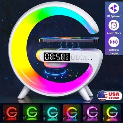 Wireless Charger LED Atmosphere Lamp Bluetooth Speaker Alarm Clock Used Works - Image 1 of 4