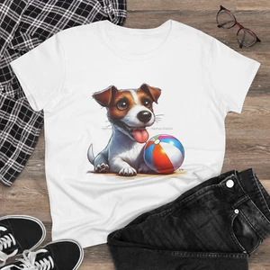 Digipups Jack Russell Terrier Puppy Dog Beach Ball Fun In Sun Ladies T Shirt - Picture 1 of 3