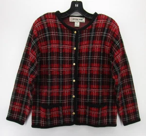 VINTAGE Crystal Kobe Sweater Women Small Petites Red Plaid Cardigan Button Up - Picture 1 of 10