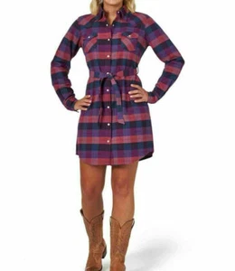 NWT WRANGLER Retro S Western Purple Plaid Flannel Belted Shirt Dress Shirtdress - Picture 1 of 5
