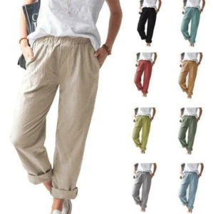Women's Casual Elastic Waist Straight Leg Long Pants 9 Colors S-3XL Trousers - Picture 1 of 21