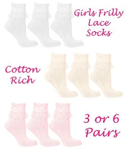 Girls Frilly Lace Socks Kids & Babies Ankle School Sock Pearl Bow 3 or 6 Pairs - Picture 1 of 7