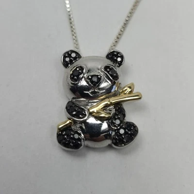 Sterling Silver and 14K Yellow Gold Black Diamonds Panda Bear with 20" Chain - Image 1 of 4