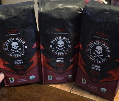 Death Wish Café Tostado Oscuro Molido Paquete de 3 16 OZ Orgánico Negrita Arábica Robusta Bld Foto 1 de 2