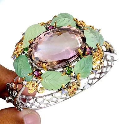 925 Пробы браслет овальный аметрин 61ct пренит ручной работы драгоценный камень 6,5 в редкая - Изображение 1 из 4