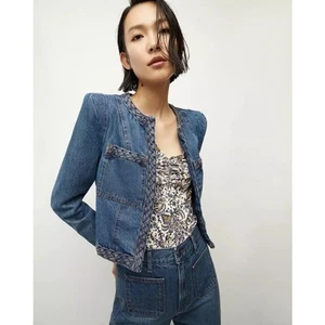 NWT Veronica Beard Arrowe Denim Jacket Collarless Blazer Jeans Size 8 - Picture 1 of 12