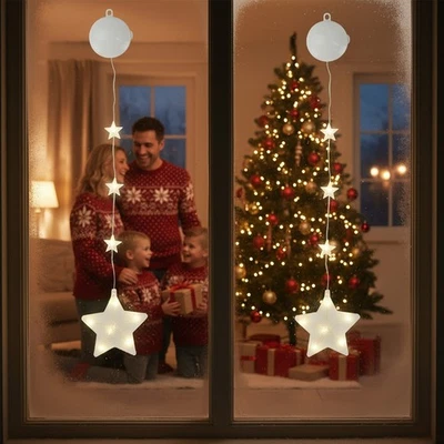 2x LED Star Window Lights Battery Operated suction cup Timer Christmas Decor