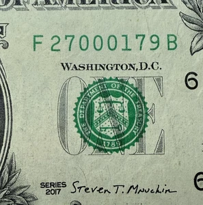 Triple 0s and 1 Pair 7s Fancy Serial Number F27000179B - Picture 1 of 6