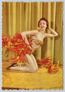 Hermosa pinup modelo femenina postal en bikini con joyas y detalles emplumados - Imagen 1 de 2