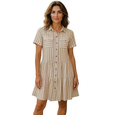 Cotton On Mini Dress Women Medium Beige Striped Button Up Tiered  Short Sleeve - image 1 of 4