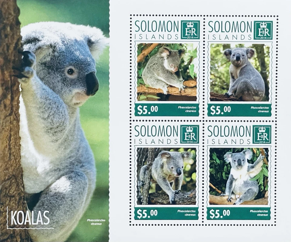 HOJA DE SELLOS DE KOALAS ISLAS SALOMÓN DE 4 MNH 2014 ANIMALES SALVAJES FAUNA DE VIDA SILVESTRE Foto 1 de 1