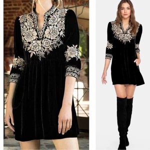 Johnny Was Black Velvet Beige Embroidered Olenna 3/4 Sleeve Short Dress Large - Picture 1 of 7