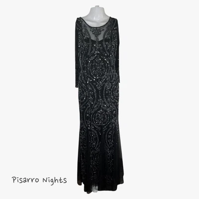 Pisarro Nights Sequin Beaded Illusion Mesh Three Quarter Sleeve Gown in Gunmetal - Image 1 of 4
