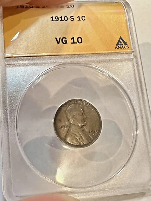 1910-S Lincoln Wheat 1c ~ ANACS VG10 ~ (Semi-) Key Date ~ Solid Coin! - Image 1 of 3